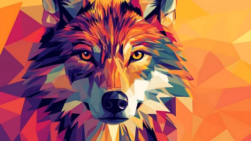 Radiant geometric wolf gazes calmly in vivid sunset colors