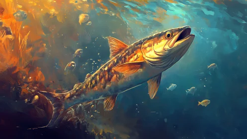 Sunlit predator streaks through a painted underwater blaze