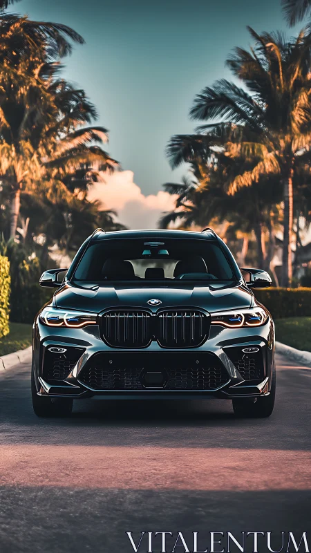 Sunset boulevard cruiser framed by glowing palm trees.