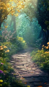 Forest pathway with autumn foliage and flowering plants.