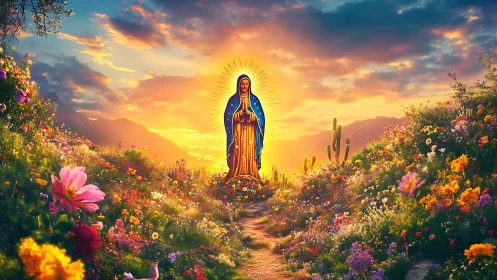 Radiant robed figure amid luminous wildflower valley at dusk.