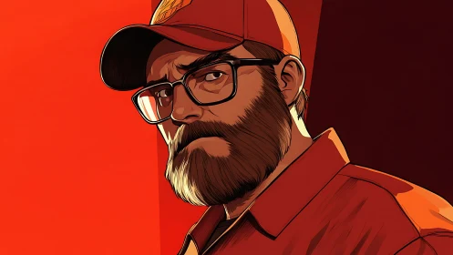 Bearded man in red cap gazes intensely against bold reds