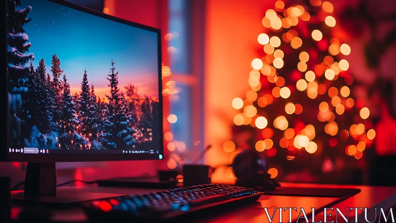 Winter pixels toast marshmallows beside glowing bokeh lights