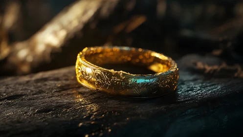 Gold ring with engraved symbols rests on textured surface