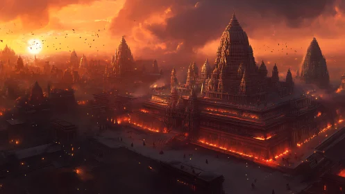 Sunset-ignited temple megastructure with volcanic atmospheric lighting