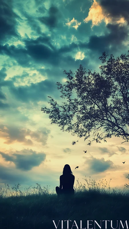 Silhouetted figure observes a dramatic teal and amber sunset sky