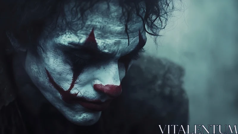 Broken circus smile folds into shadowed city silence