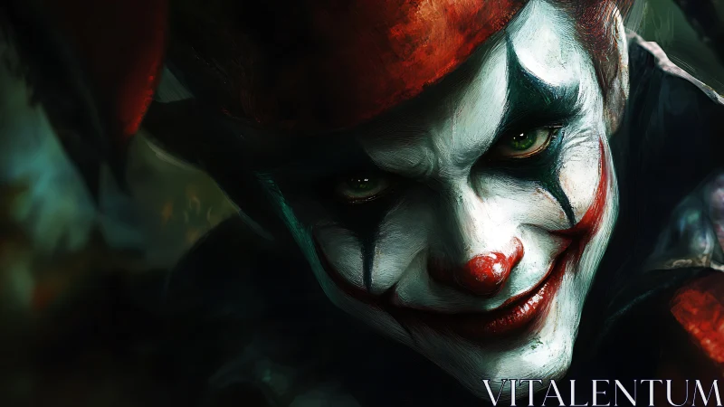 Mischievous jester leans in with a dark, knowing smile