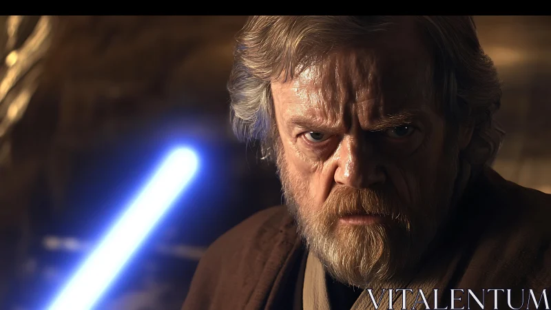 Bearded elder warrior portrait with blue energy blade glow