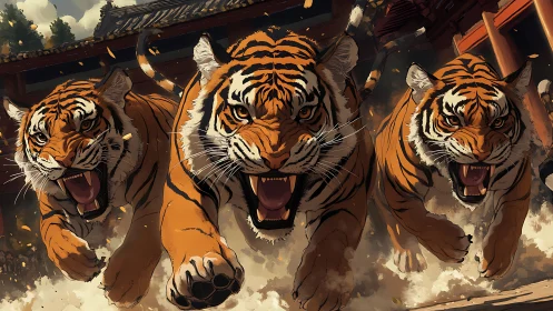 Three Aggressive Tigers Charging Forward in Asian Temple Setting.