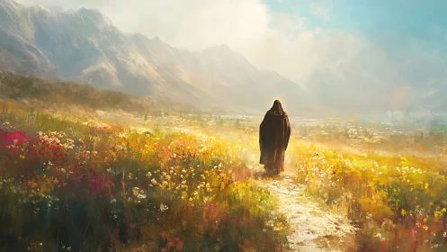 Solitary robed figure walks along path through mountain valley