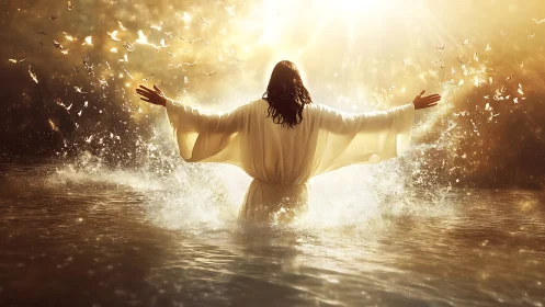 Radiant robed figure rising in golden baptismal waters.