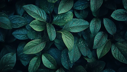 Macro foliage closeup with rain droplets on dark green leaves