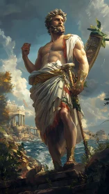 Mythic coastal deity in neoclassical digital painting panorama.