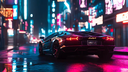 Neon-laminated supercar rear profile in saturated cyber streetscape.