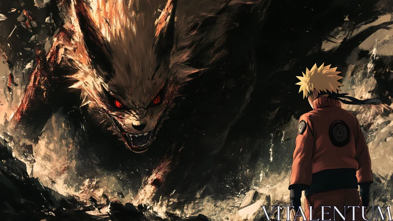 Fiery fox titan confronts lone ninja in crumbling dusk.