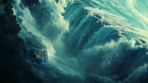 Large teal-toned ocean waves descend over a rocky drop