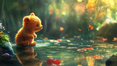 Cute fluffy bear cub watches butterfly over forest pond.