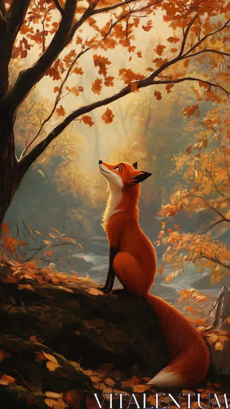 Red fox sits on forest rock beneath autumn foliage