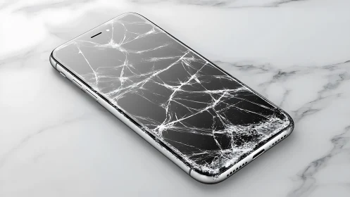 Smartphone with extensively cracked screen on marble surface.