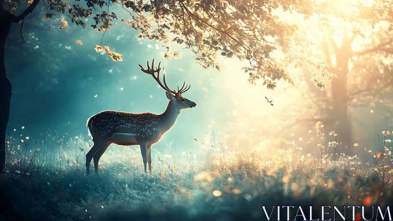 Backlit stag in volumetric dawn forest atmosphere study.