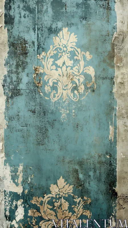 Weathered teal wall with faded vintage floral flourishes.
