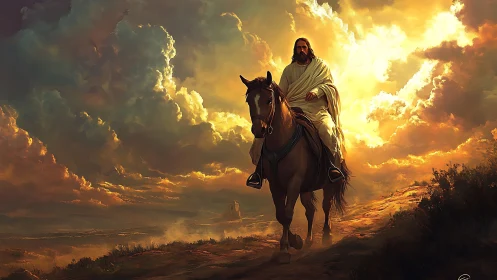 Robe-clad rider guides horse through blazing golden clouds