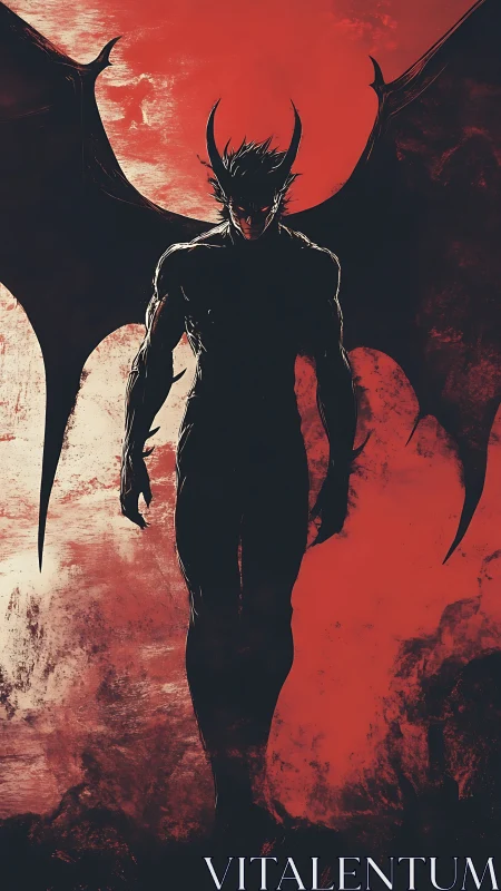 Demonic winged silhouette walking before blood red moon.