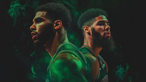 Twin green ghosts of the hardwood rise in smoky spotlight.