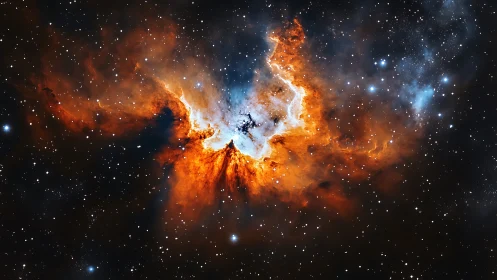 Fiery stellar nebula blooms against a star-dense cosmos.