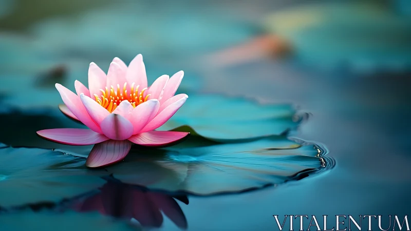 Serene pink water lily floating on glassy teal pond.