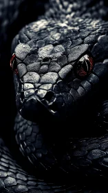 Close macro view of coiled dark serpent head in shadow.