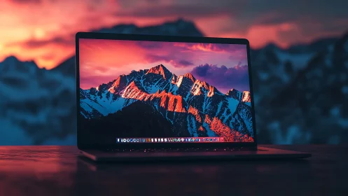 Laptop with vivid mountain wallpaper in sunset ambience.