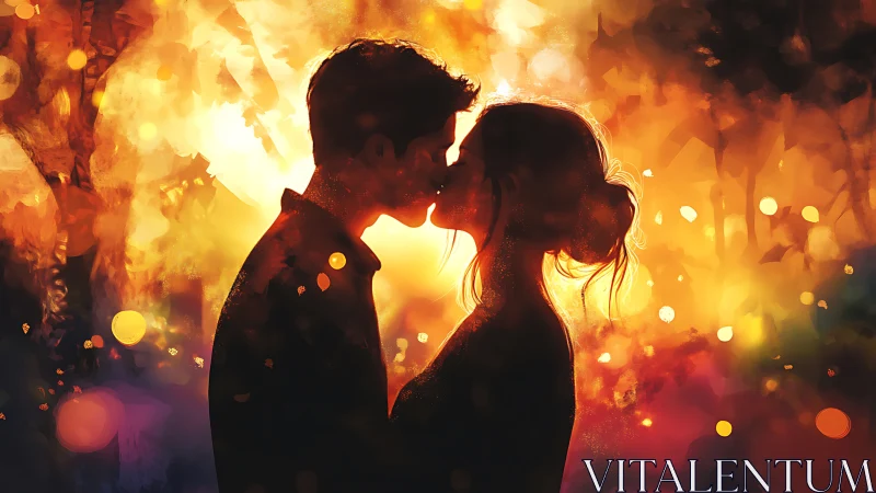 Two figures kissing silhouetted against warm bokeh light.