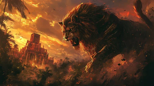 Sunset colossus lion guarding a burning jungle empire.