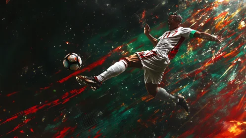 Dynamic soccer striker launches explosive midair volley shot.