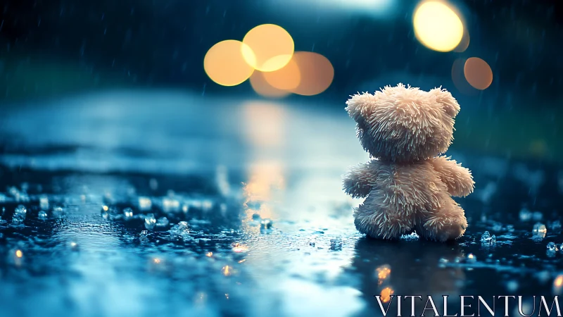 Plush teddy bear on wet street at night in rainfall.