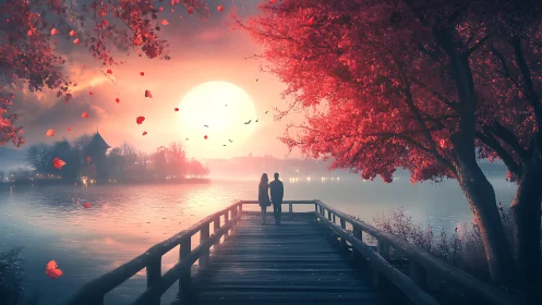 Couple Positioned on Wooden Dock Beneath Luminous Sun and Crimson Foliage