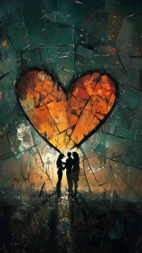 Two Figures Beneath Large Heart Form Against Fractured Green Background.