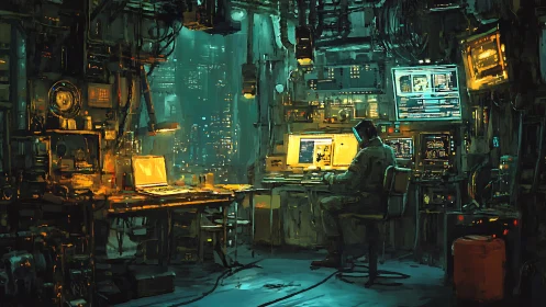 Neon bunker hacker orchestrates code in glowing midnight lab.