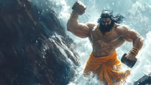 Mythic demigod breaching surf with tectonic hydraulic force.