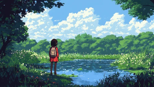 Child with backpack observes reflective pond in pixel scene