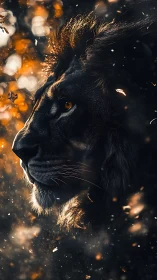 Dark lion portrait glows through embers and drifting sparks