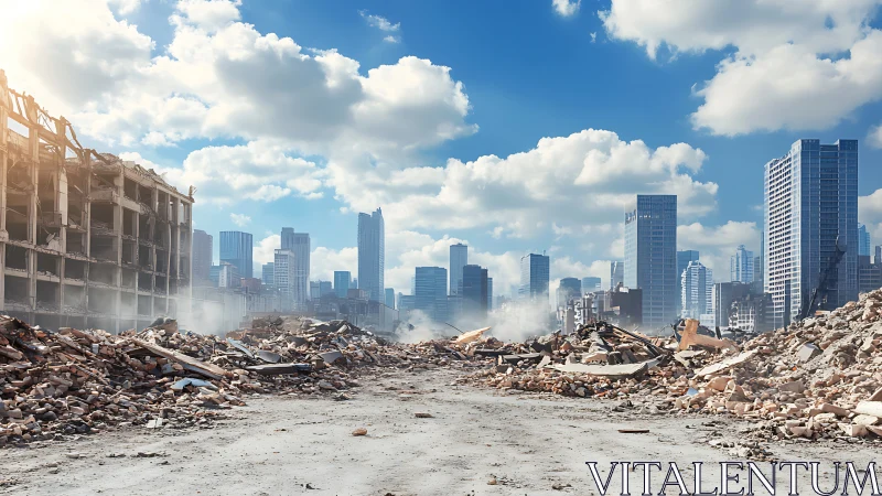 Urban demolition site with rubble foreground and skyline.