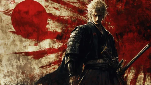 Samurai warrior before distressed rising sun banner.