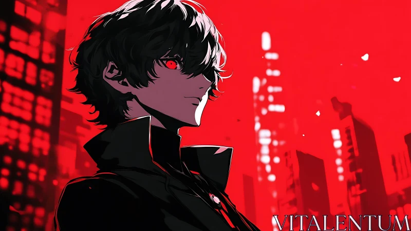 Crimson city vigilante in stark anime noir profile portrait.