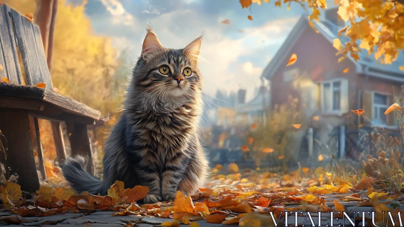 Majestic Tabby Cat Amid Autumn Foliage in Rural Countryside.