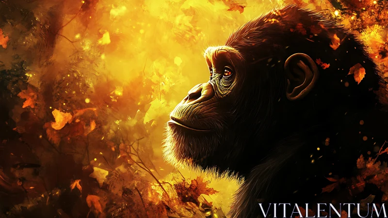 Chimpanzee portrait in glowing autumn forest light.