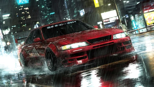 Red street predator car slices neon rain on midnight asphalt
