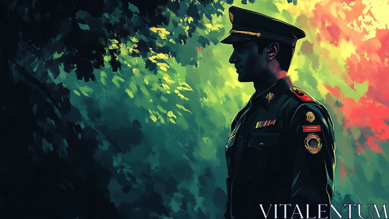 Officer in profile amid luminous painterly forest glow.